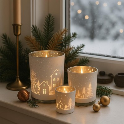 Svícen skleněný L bílé domky 13*10cm 9306105A