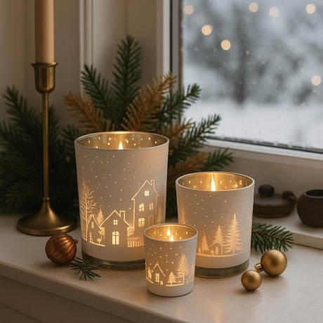 Svícen skleněný L bílé domky 13*10cm 9306105A
