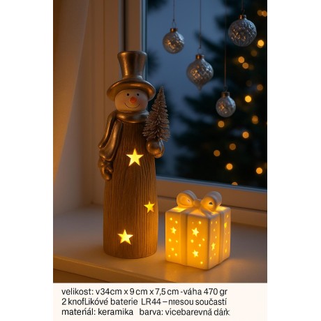 Keramický sněhulák svítící LED 34cm 3140007