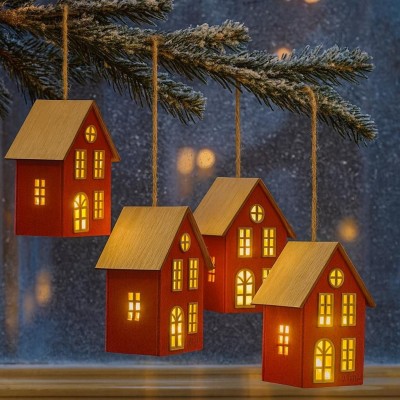 Domek závěsný filcový červený svítící 12*9cm  3001106-1A