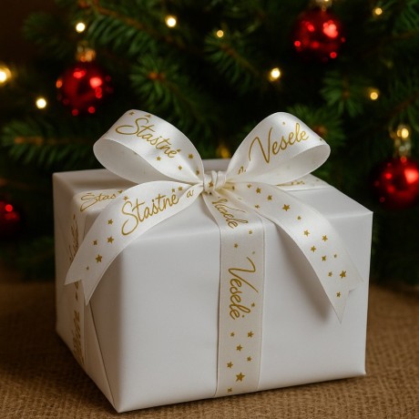 Vánoční látková stuha 2m x 2,5cm Šťastné a veselé 7402807